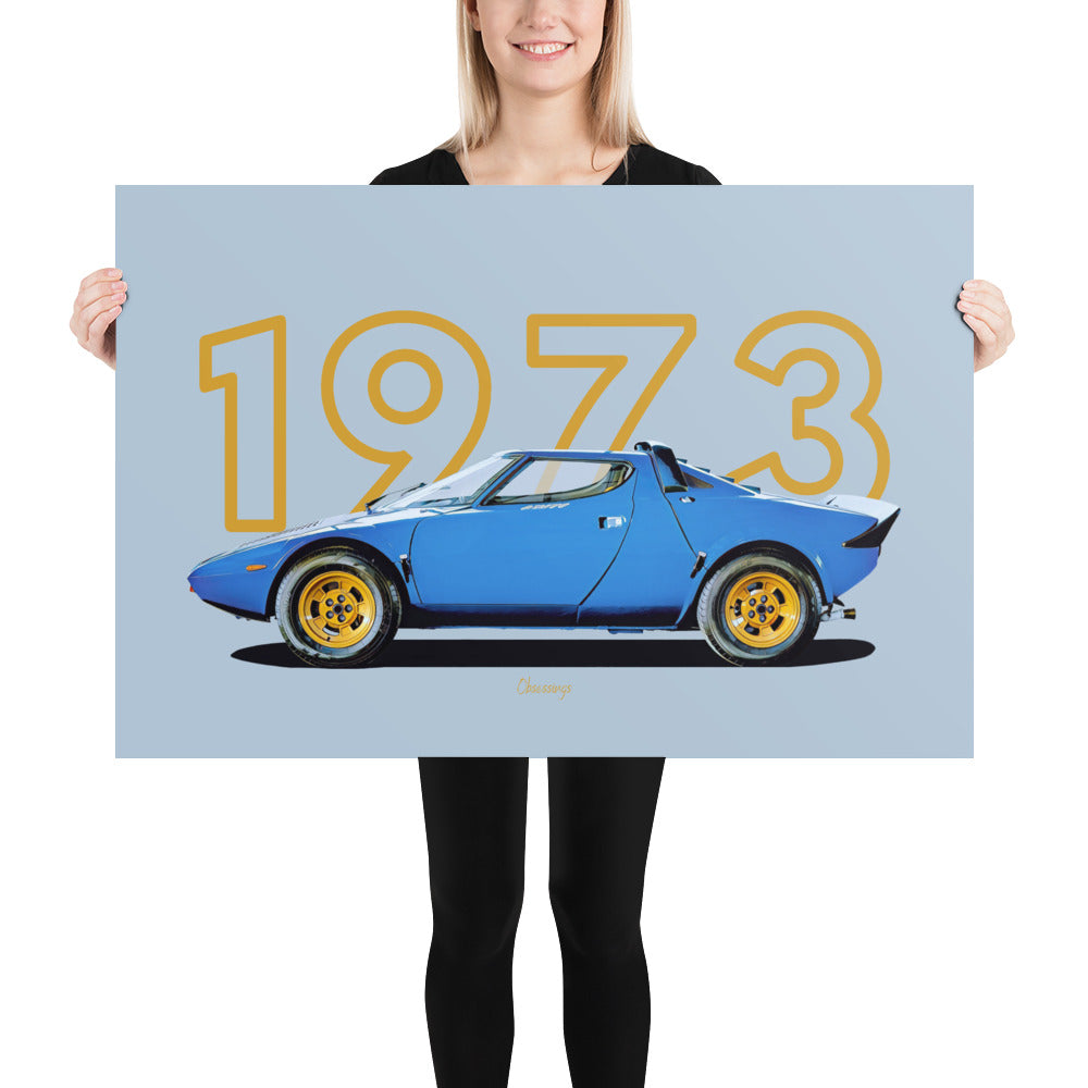 Poster of 1973 Lancia Stratos HF - Blue - Model year series - Grey background