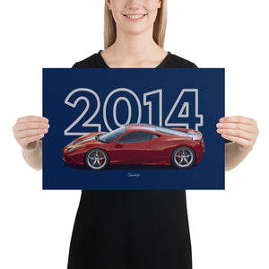 Poster of 2014 - Ferrari 458 Speciale - Red - Model year series - Blue background