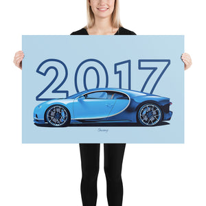 Poster of 2017 Bugatti Chiron - Blue - Model year series - Light blue background