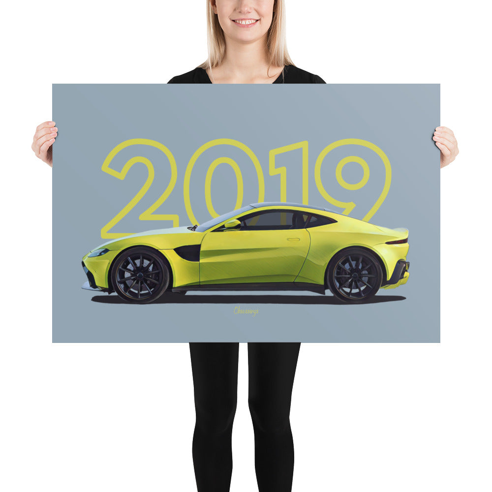 Poster of 2019 Aston Martin V8 Vantage - Bright Yellow - Model year series - Grey background