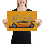 Load image into Gallery viewer, Poster of 1996 McLaren F1 LM - Orange - Model year series - Orange background
