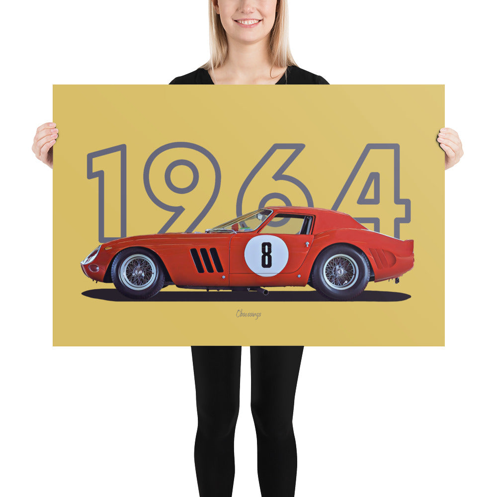 Poster of 1964 Ferrari 250 GTO LM Series II - Red - Model year series - Gold background