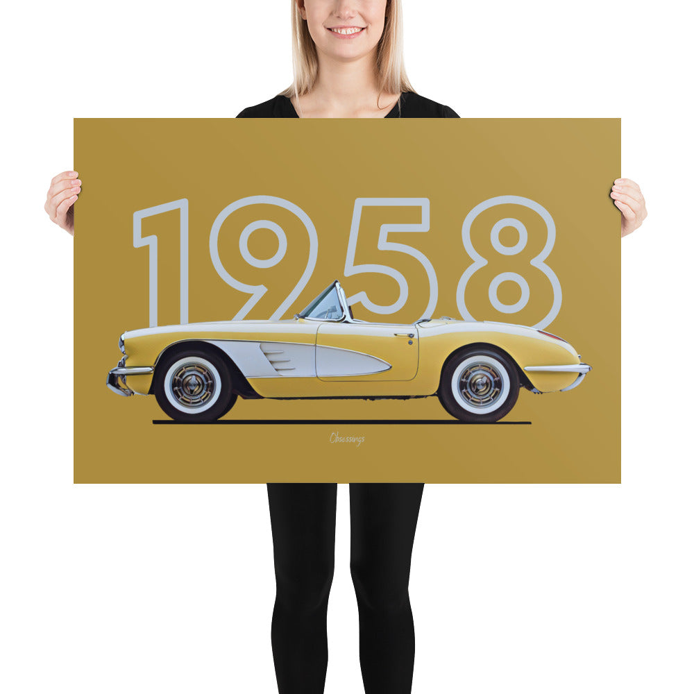 Poster of 1958 Chevrolet Corvette - Yellow white - Model year series - Yellow background