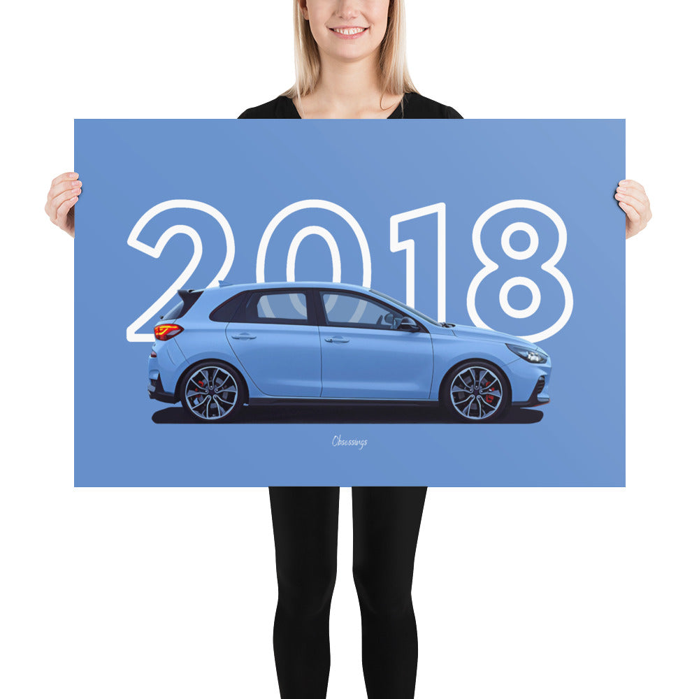 Poster of 2018 Hyundai i30N - Blue - Model year series - Blue background