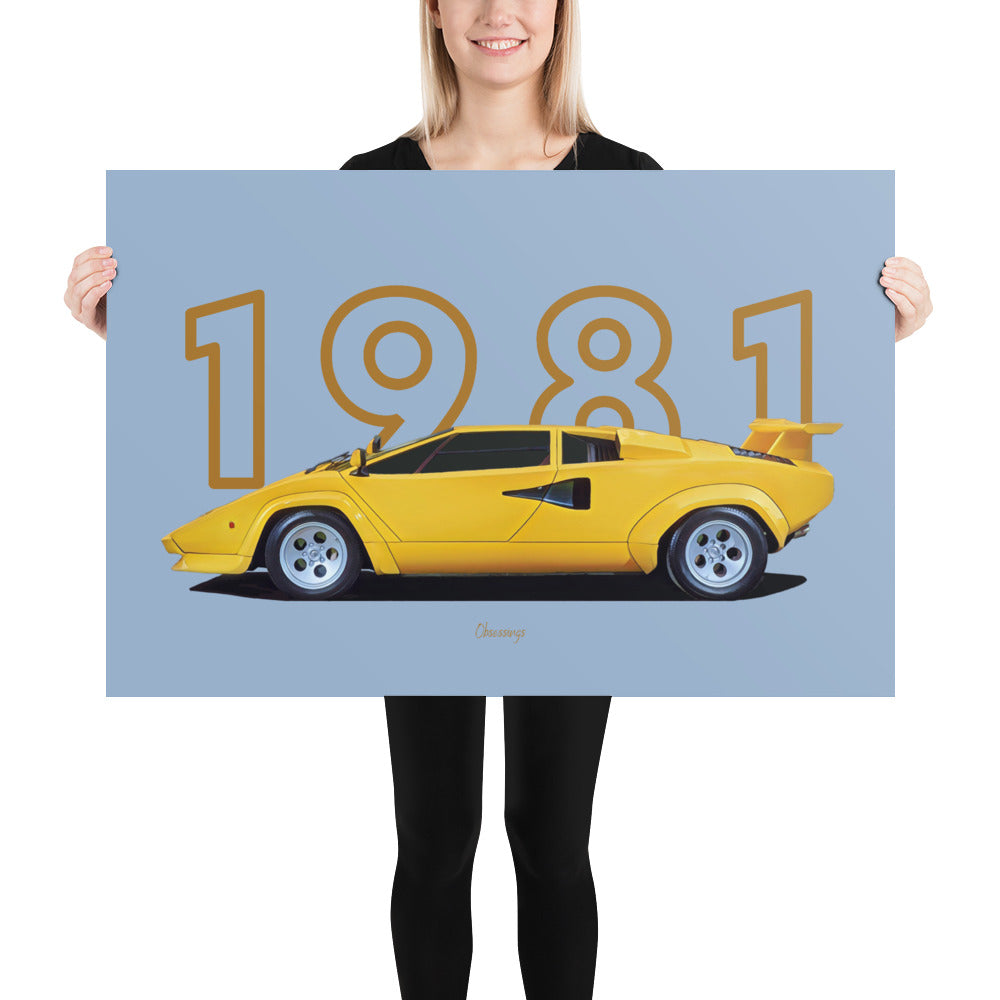 Poster of 1981 Lamborghini Countach LP400 S - Yellow - Model year series - Blue background