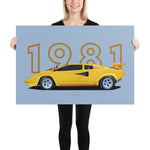 Load image into Gallery viewer, Poster of 1981 Lamborghini Countach LP400 S - Yellow - Model year series - Blue background
