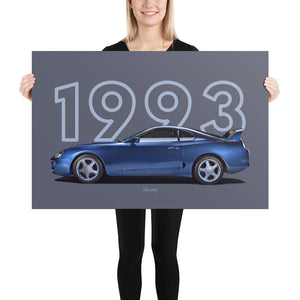 Poster of 1996 Toyota Supra - Blue - Model year series - Grey background