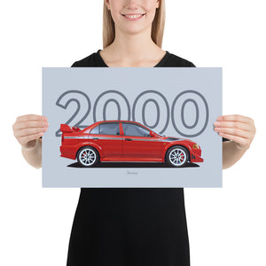 Poster of 2000 Mitsubishi Lancer Evolution VI Tommi Makinen Edition - Red - Model year series - Light grey background