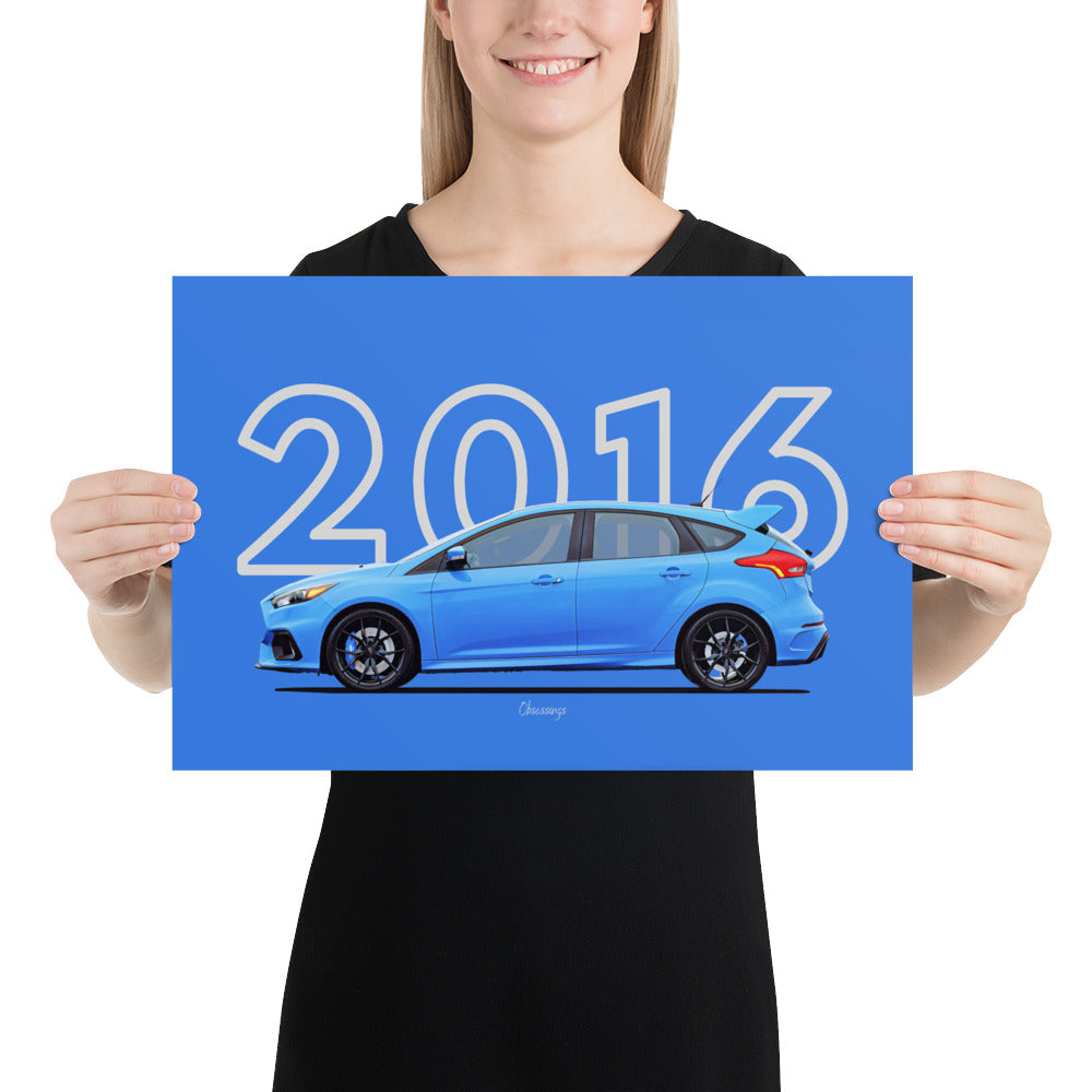 Poster of 2016 Ford Focus RS - Blue - Model year series - Blue background