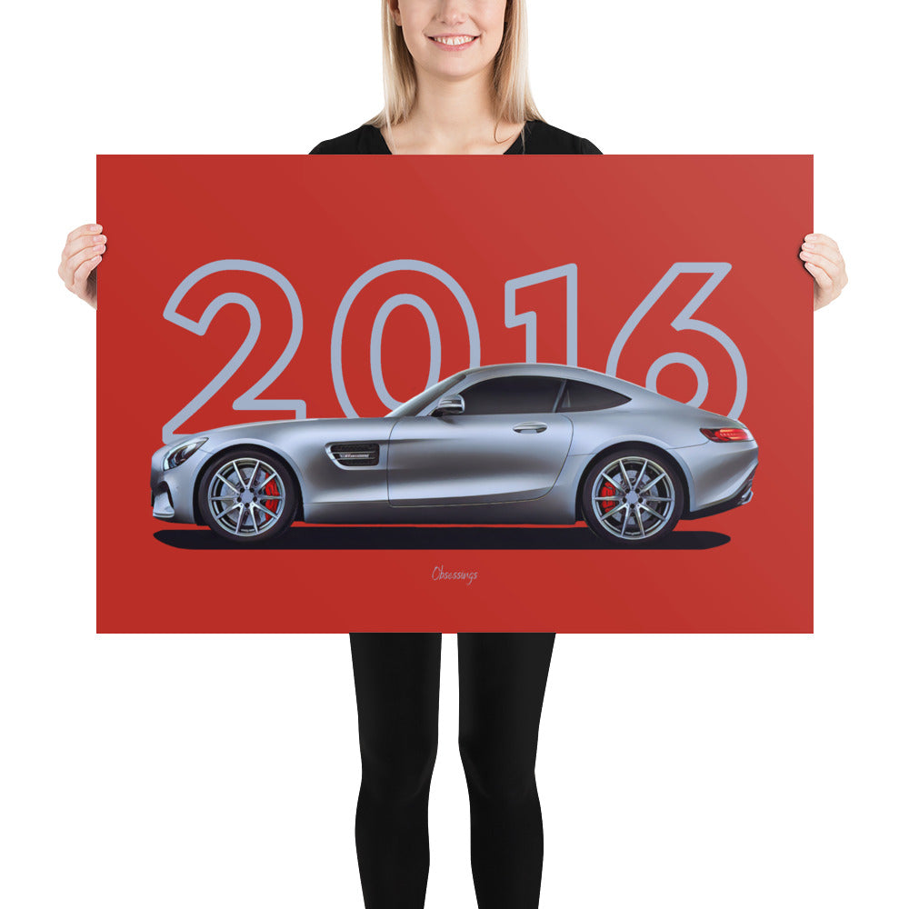 Poster of 2016 Mercedes-AMG GT - Silver - Model year series - Red background