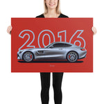 Load image into Gallery viewer, Poster of 2016 Mercedes-AMG GT - Silver - Model year series - Red background
