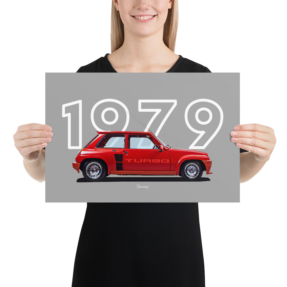 Poster of 1979 Renault 5 Turbo - Red - Model year series - Grey background