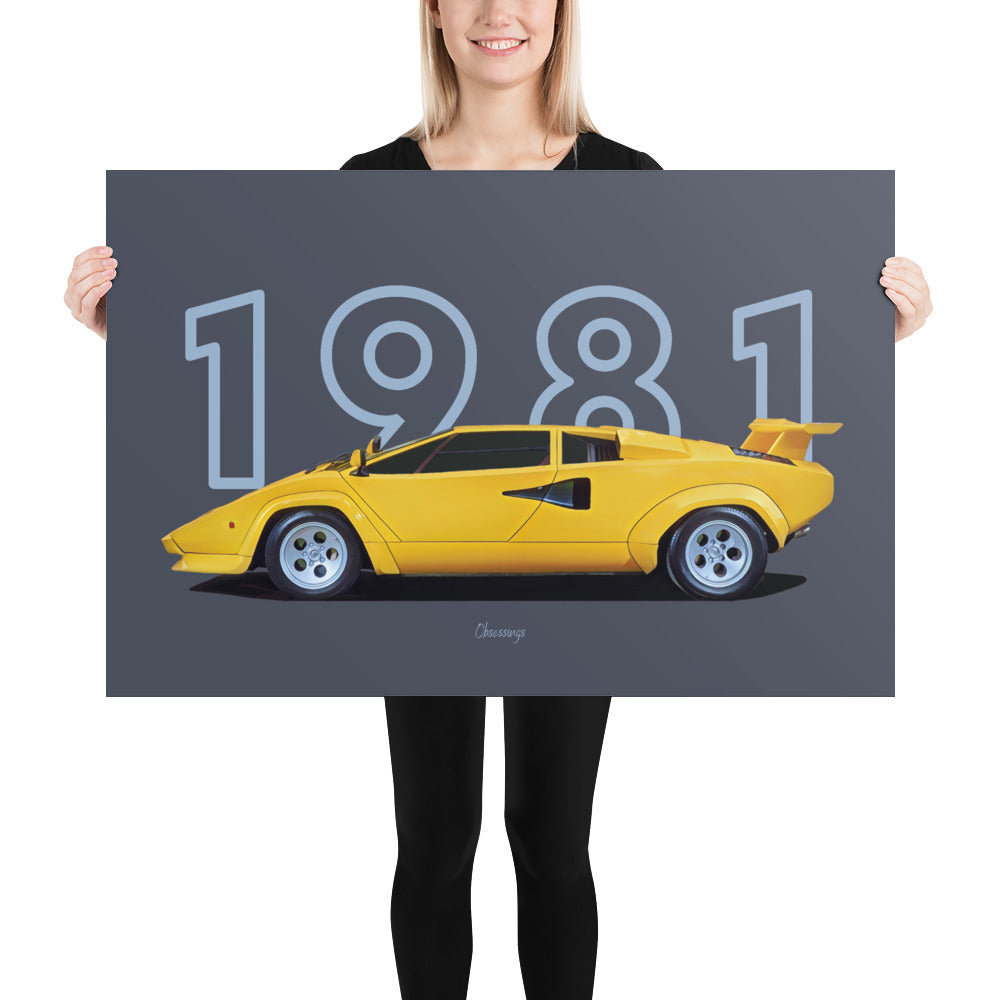 Poster of 1981 Lamborghini Countach LP400 S - Yellow - Model year series - Grey background