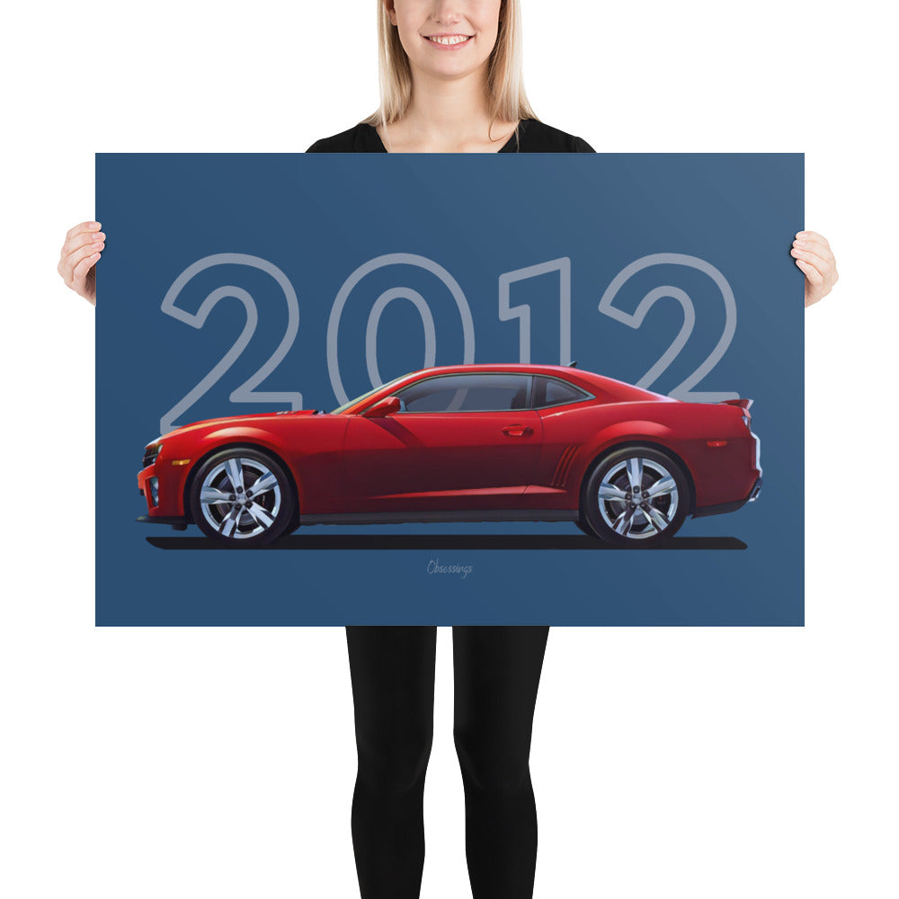 Poster of 2012 Chevrolet Camaro ZL1 - Red - Model year series - Blue background