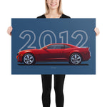 Load image into Gallery viewer, Poster of 2012 Chevrolet Camaro ZL1 - Red - Model year series - Blue background
