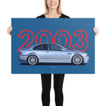 Load image into Gallery viewer, Poster of 2003 BMW E46 M3 CSL - Silver - Model year series - Blue background
