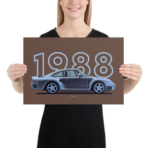 Poster of 1988 Porsche 959S - Silver - Model year series - Brown background