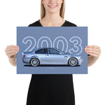 Load image into Gallery viewer, Poster of 2003 BMW E46 M3 CSL - Silver - Model year series - Grey background
