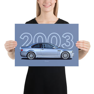 Poster of 2003 BMW E46 M3 CSL - Silver - Model year series - Grey background