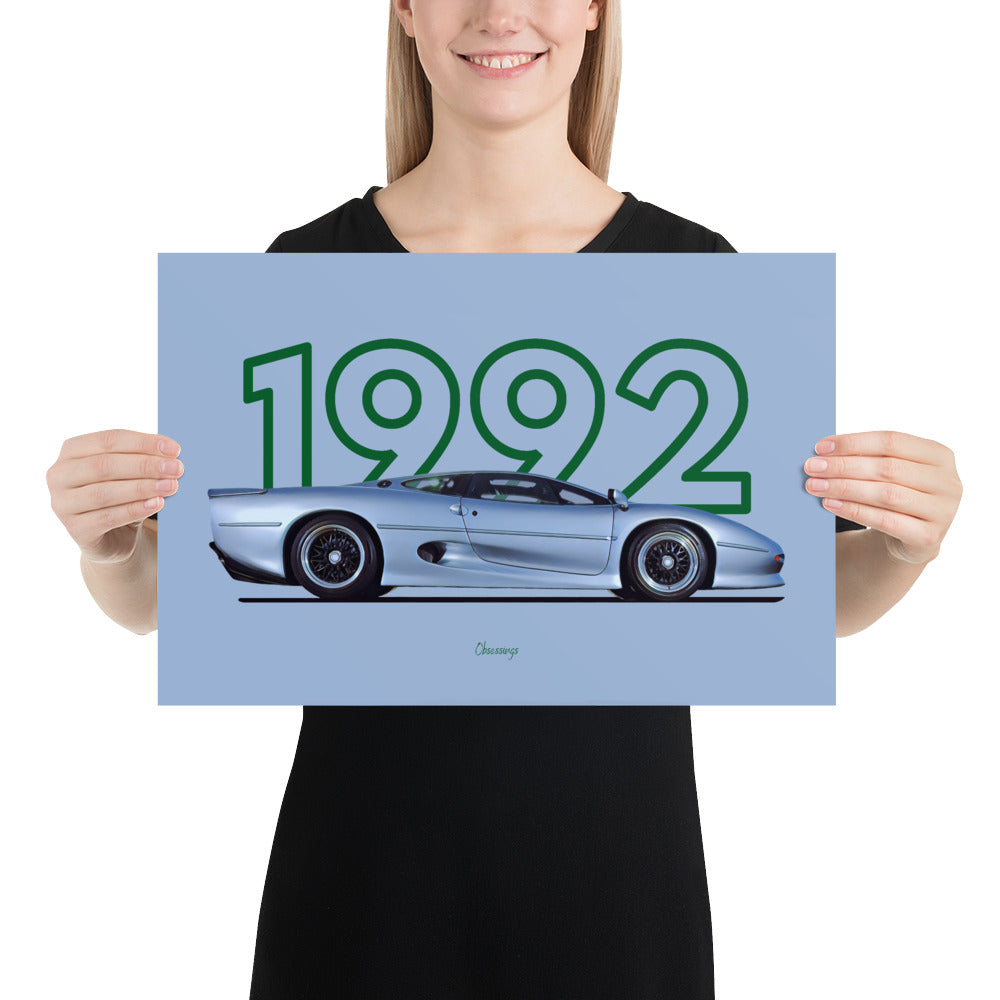 Poster of 1992 Jaguar XJ220 - Silver - Model year series - Green background