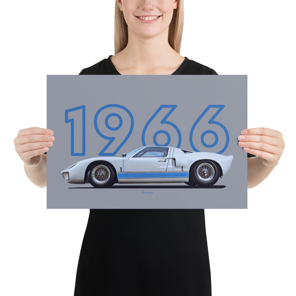 Poster of 1966 Ford GT40 - White Blue - Model year series - Grey background