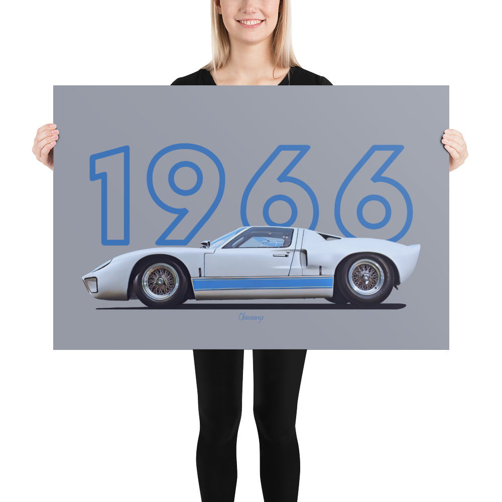 Poster of 1966 Ford GT40 - White Blue - Model year series - Grey background