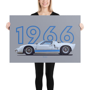 Poster of 1966 Ford GT40 - White Blue - Model year series - Grey background