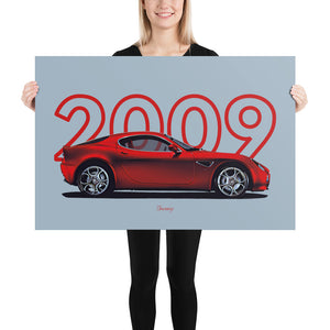 Poster of 2009 Alfa Romeo 8C Competizione - Red - Model year series - Grey background