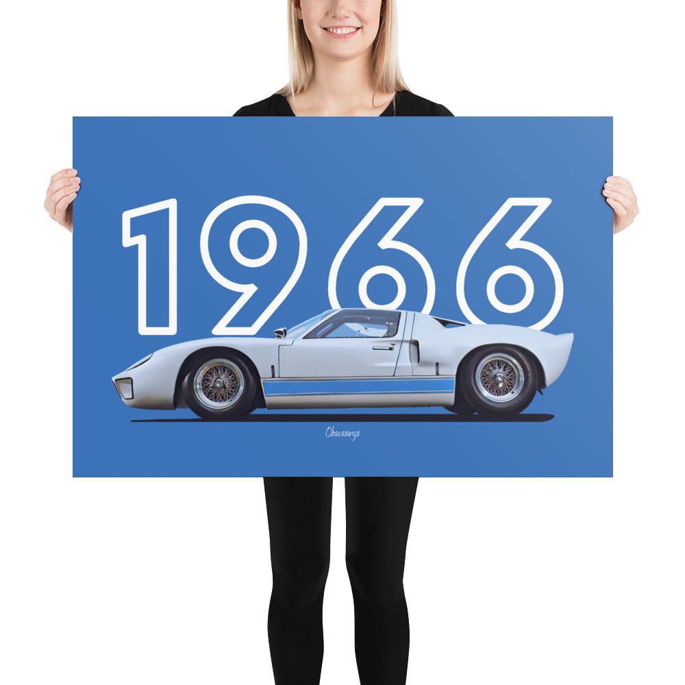 Poster of 1966 Ford GT40 - White Blue - Model year series - Grey background