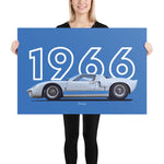 Load image into Gallery viewer, Poster of 1966 Ford GT40 - White Blue - Model year series - Grey background
