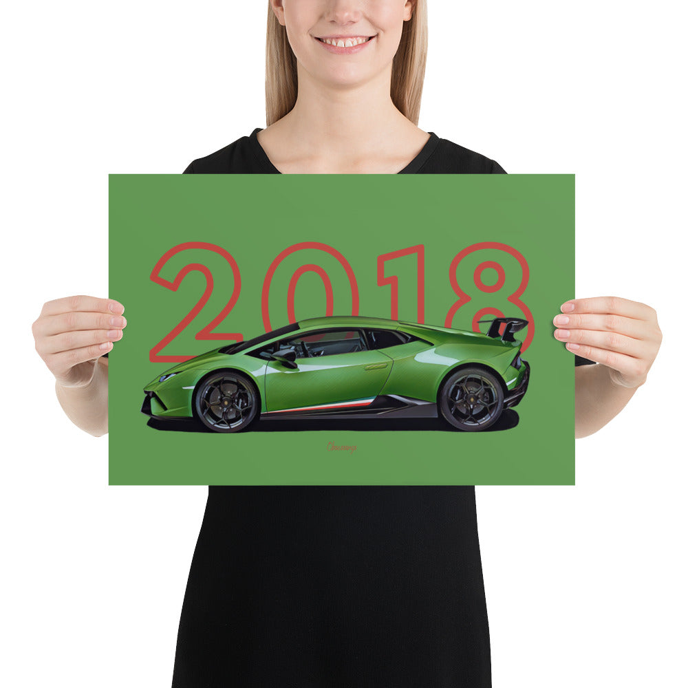 Poster of 2018 Lamborghini Huracan Performante - Green - Model year series - Green background