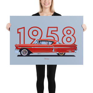 Poster of 1958 Chevrolet Bel Air Impala - Red - Model year series - Grey background