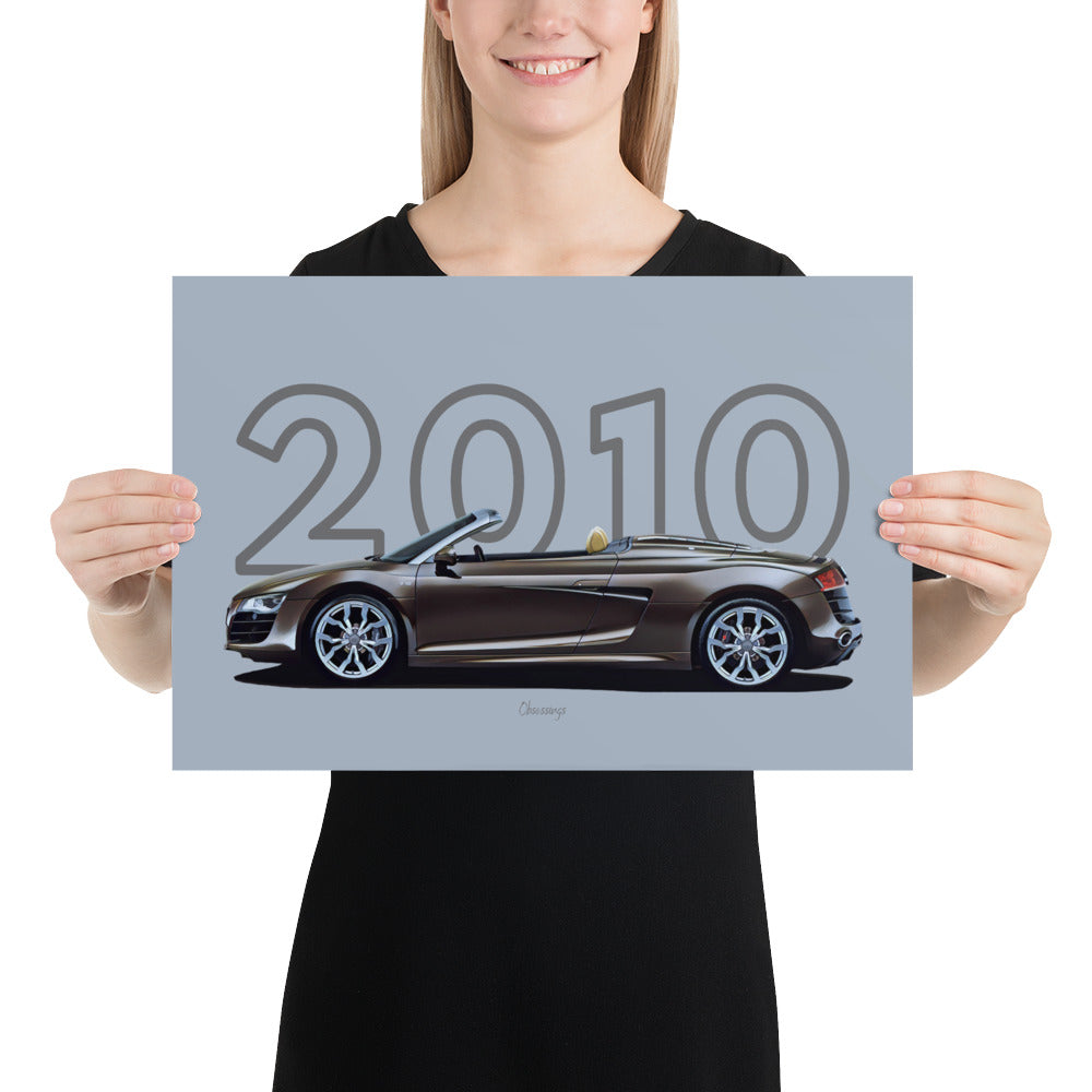 Poster of 2010 Audi R8 V10 Spyder - Brown - Model year series - Grey background