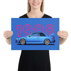 Poster of 1998 Subaru Impreza 22B STI - Blue - Model year series - Blue background