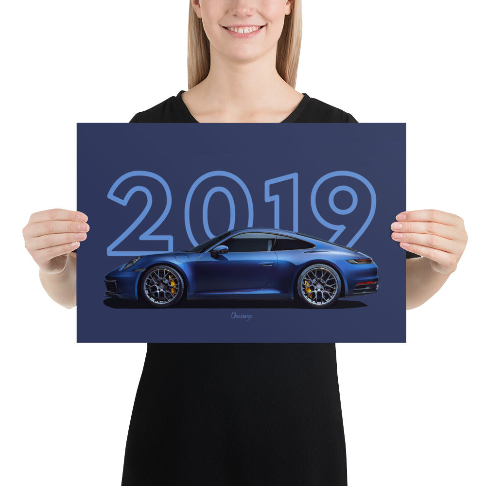 Poster of 2019 Porsche Carrera 4S 992 - Blue - Model year series - Dark blue background