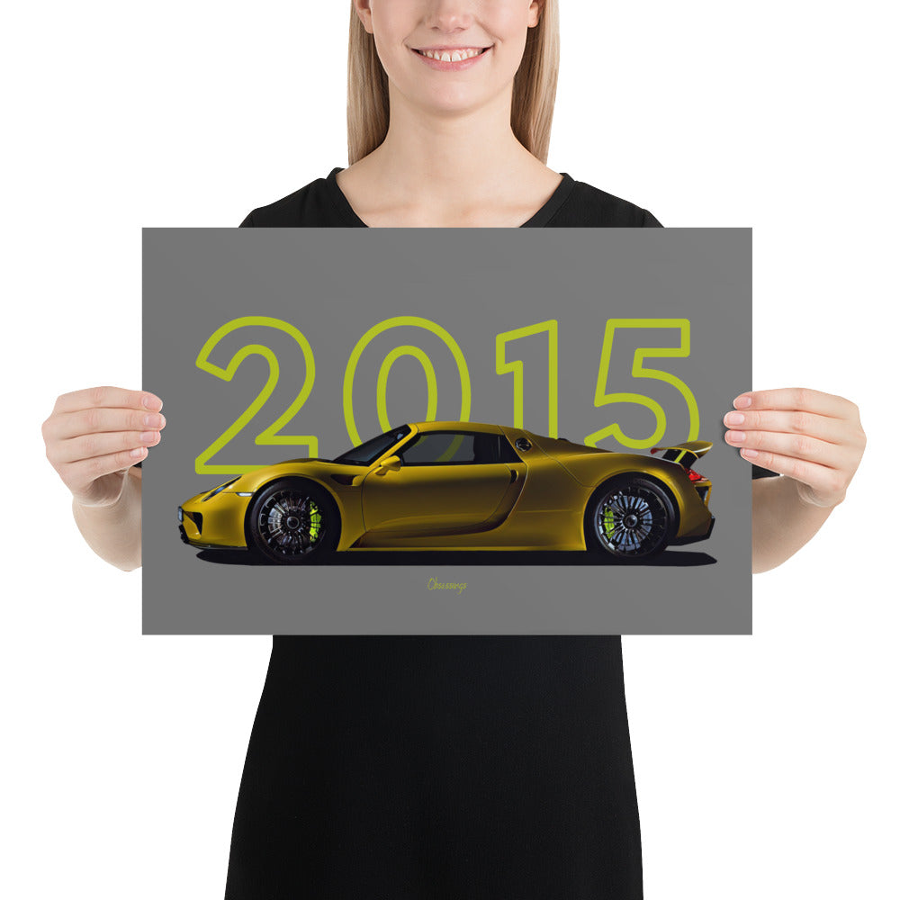 Poster of 2015 Porsche 918 Spyder - Yellow - Model year series - Grey background