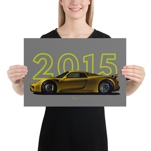 Poster of 2015 Porsche 918 Spyder - Yellow - Model year series - Grey background