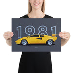 Load image into Gallery viewer, Poster of 1981 Lamborghini Countach LP400 S - Yellow - Model year series - Grey background
