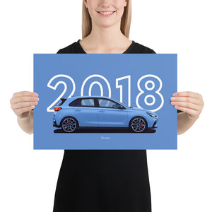 Poster of 2018 Hyundai i30N - Blue - Model year series - Blue background