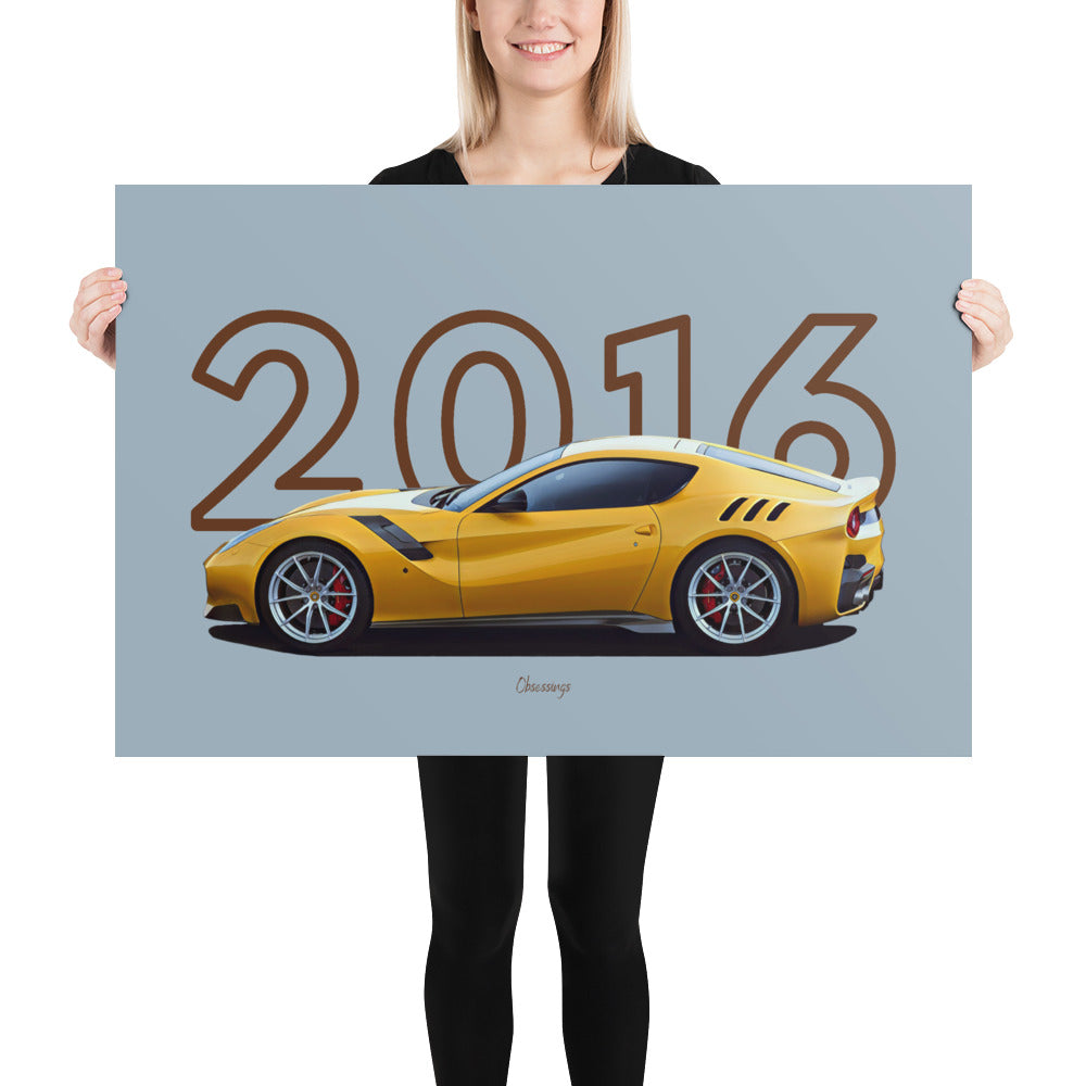 Poster of 2016 Ferrari F12 tdf - Yellow - Model year series - Grey background