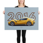 Load image into Gallery viewer, Poster of 2016 Ferrari F12 tdf - Yellow - Model year series - Grey background
