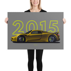 Poster of 2015 Porsche 918 Spyder - Yellow - Model year series - Grey background