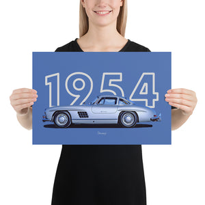 Poster of 1954 Mercedes-Benz 300SL Gullwing - Silver - Model year series - Blue background