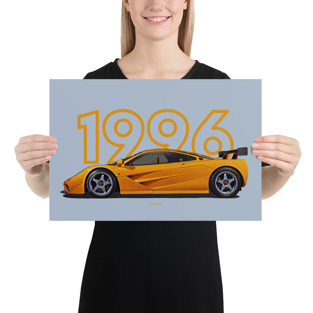 Poster of 1996 McLaren F1 LM - Orange - Model year series - Grey background