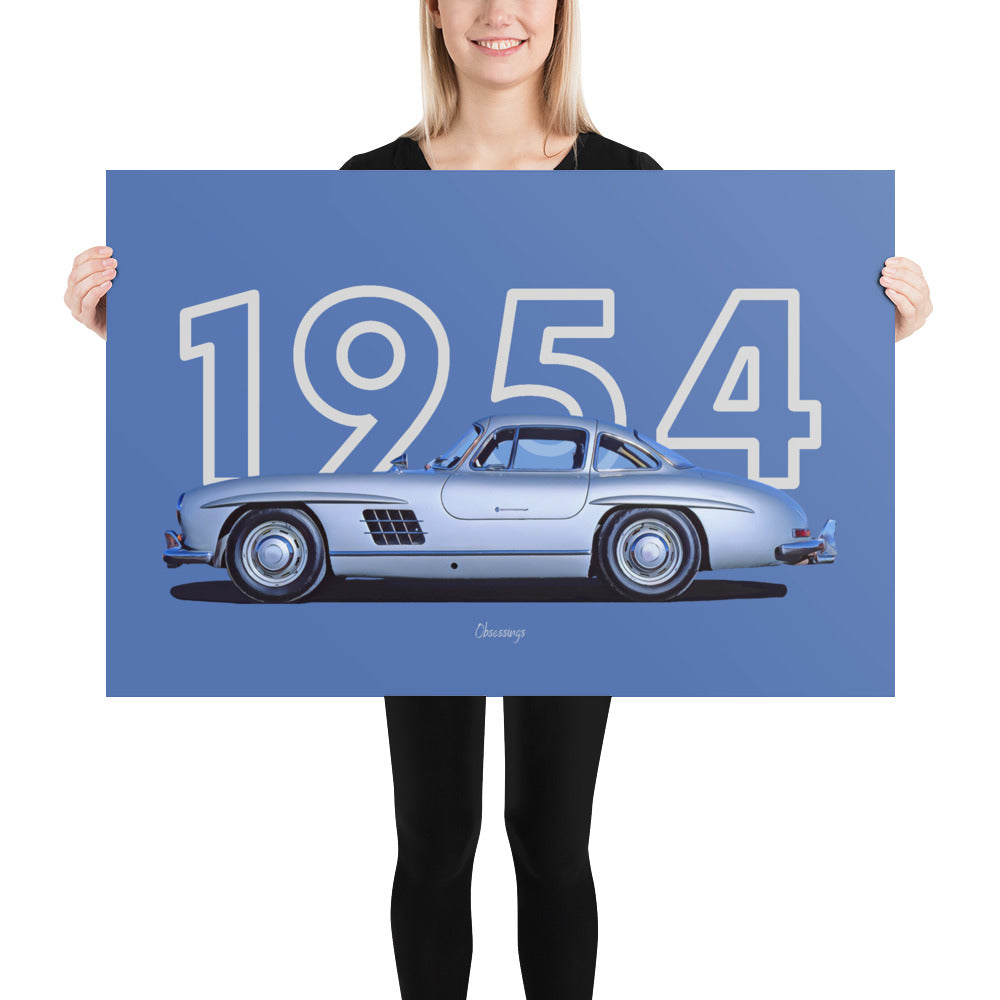 Poster of 1954 Mercedes-Benz 300SL Gullwing - Silver - Model year series - Blue background