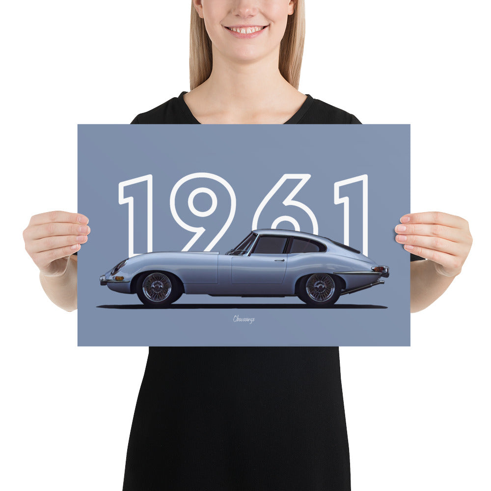 Poster of 1961 Jaguar E-Type - Silver - Model year series - Grey background