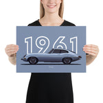 Load image into Gallery viewer, Poster of 1961 Jaguar E-Type - Silver - Model year series - Grey background
