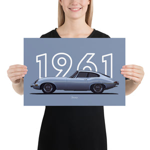 Poster of 1961 Jaguar E-Type - Silver - Model year series - Grey background