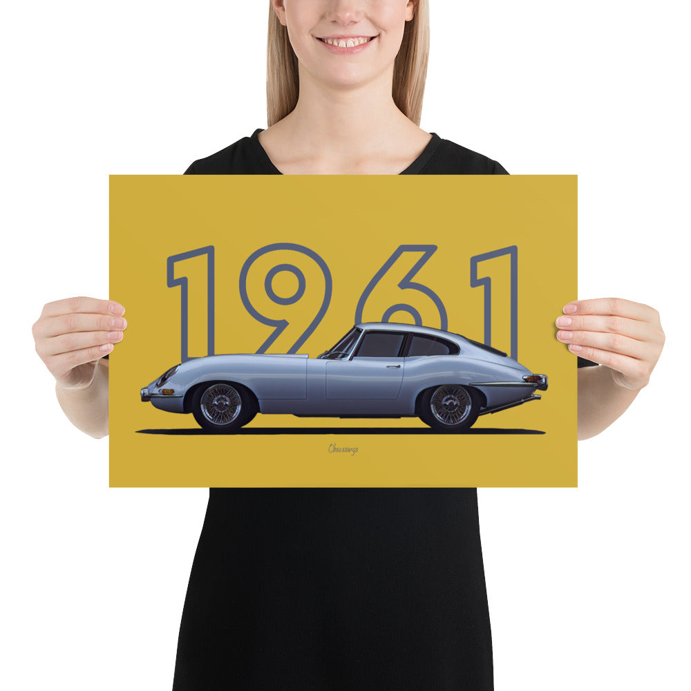 Poster of 1961 Jaguar E-Type - Silver - Model year series - Gold background