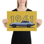 Load image into Gallery viewer, Poster of 1961 Jaguar E-Type - Silver - Model year series - Gold background
